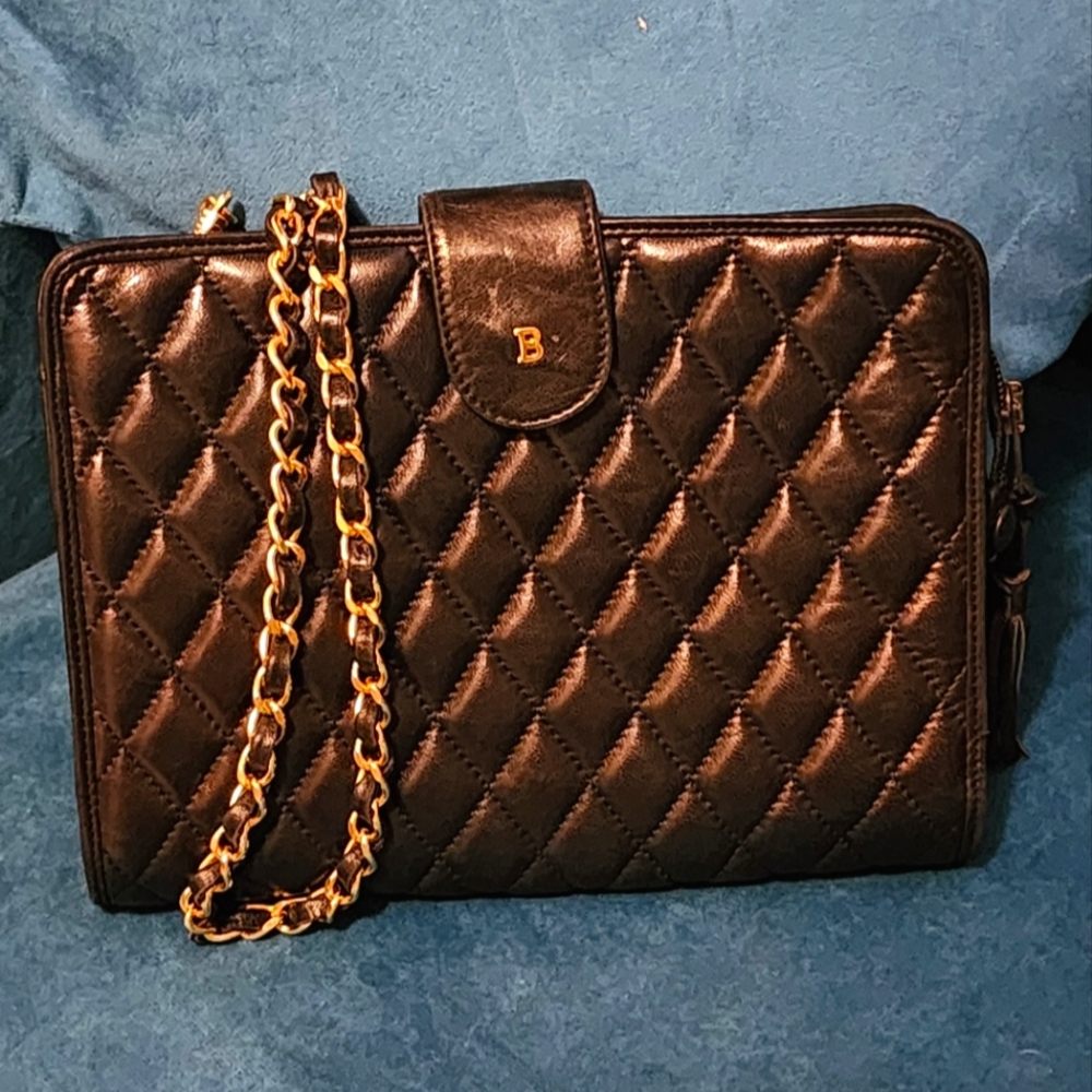 Black Crossbody Bag with Quilted Design and Chain Strap by Bally
